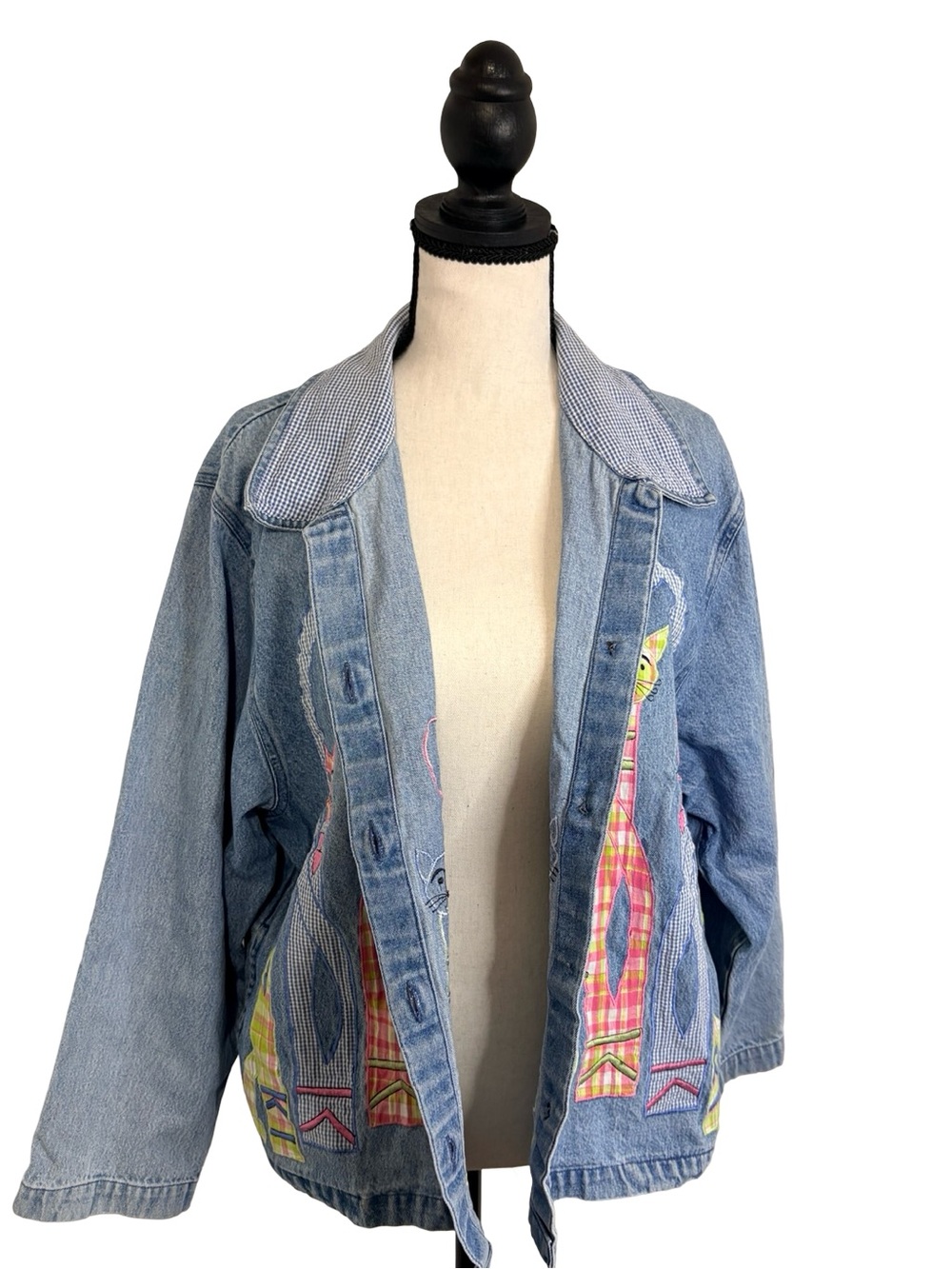 Vintage Tantrums Cat Appliqué Denim Jacket Large Artsy Quilted Patchwork - Picture 3 of 12